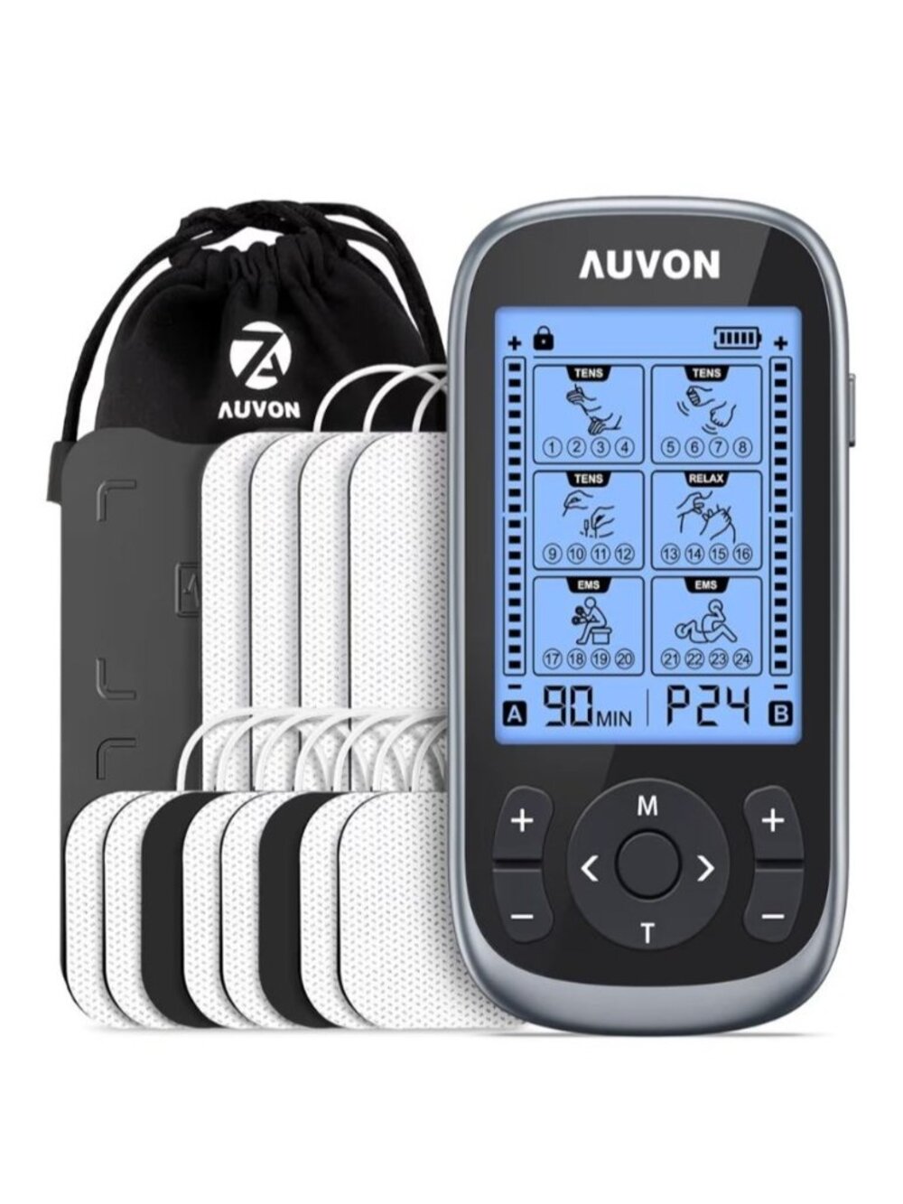 Auvon 3-In-1 Tens Unit & Ems Muscle Stimulator Machine 24 Modes & 12 Pads Pain